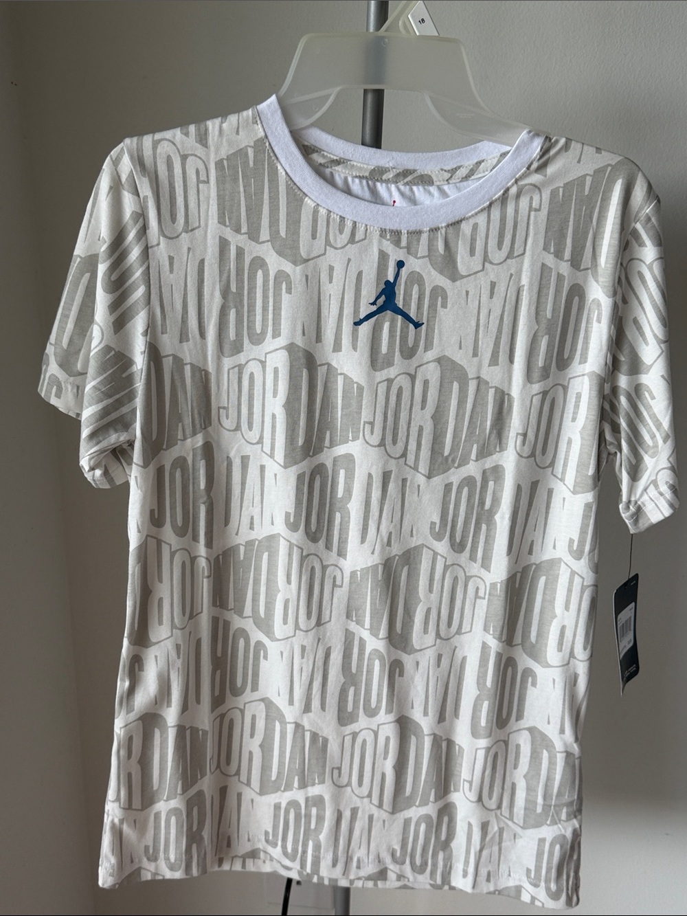 Jordan White Tee with Blue Jumpman and Gray Allover Logo
